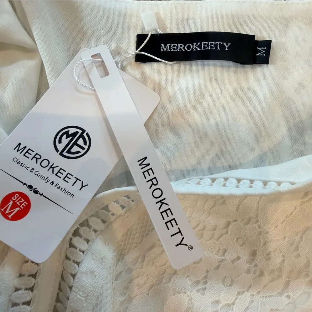 MEROKEETY NWT White Lace Dress V Neck Short Sleeve Size M